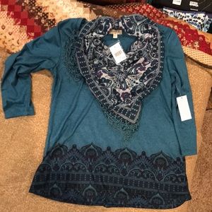Teal blouse with attached scarf